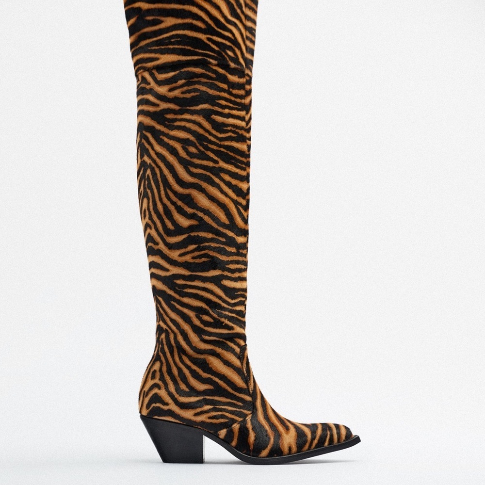 ZARA OVER THE KNEE ANIMAL PRINT LEATHER COWBOY BOOTS SZ 6.5 or 37 EU